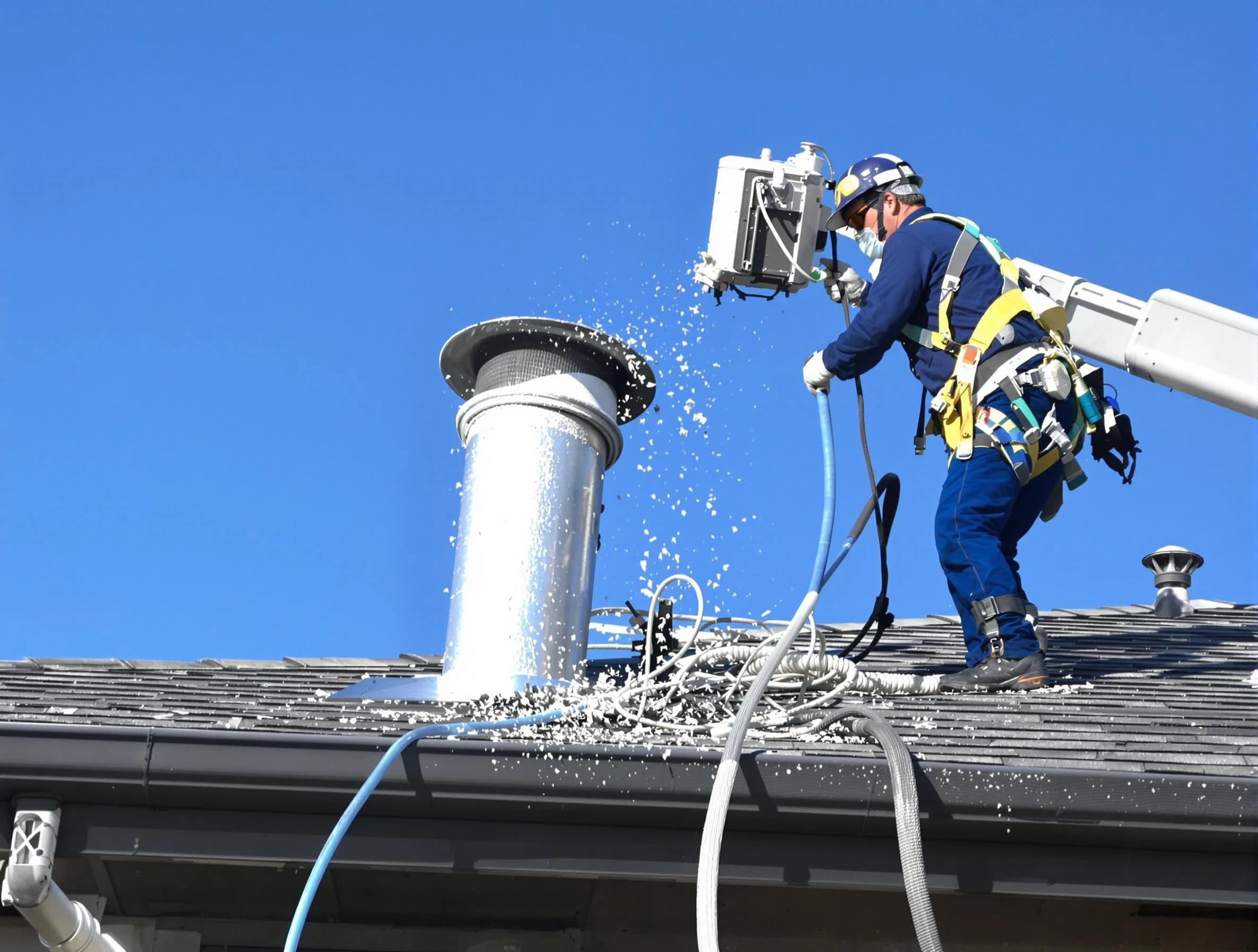 Indio Dryer Vent Cleaning certified technician safely cleaning a roof-mounted dryer vent in Indio