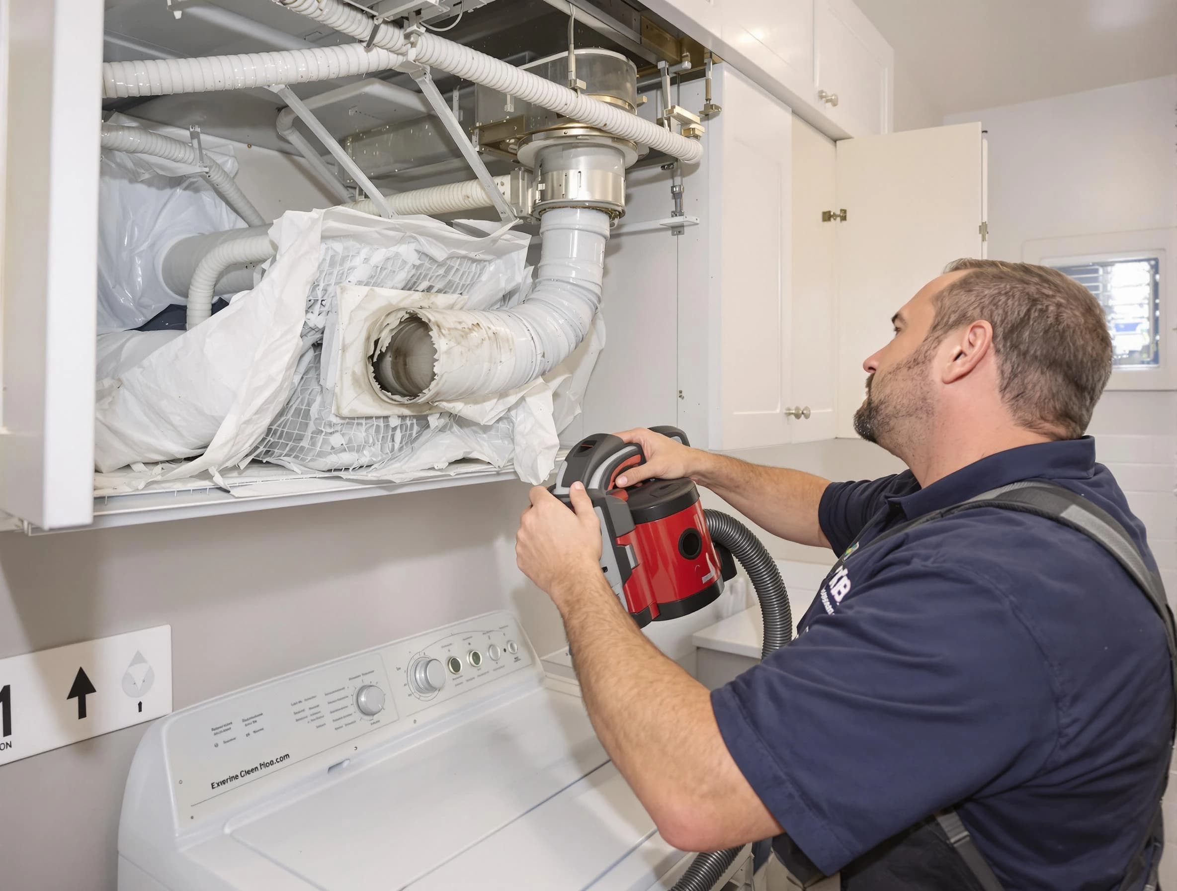 Indio Dryer Vent Cleaning technician performing professional exhaust vent cleaning at a residential property in Indio