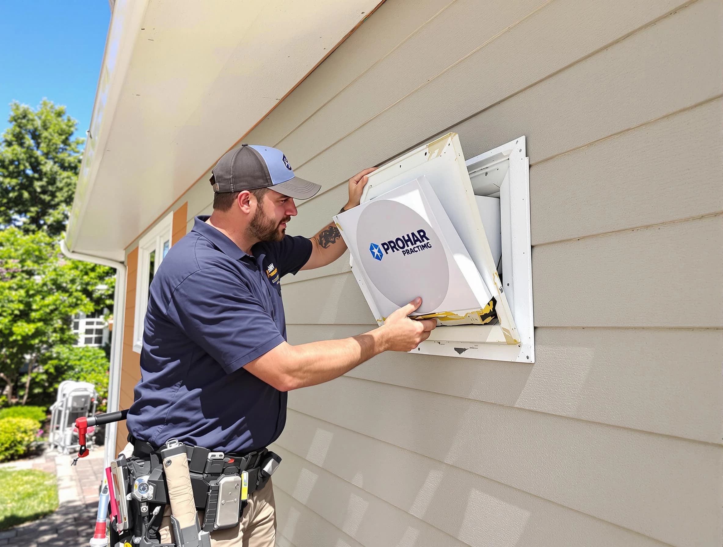 Indio Dryer Vent Cleaning technician installing a new protective dryer vent cover on a home in Indio