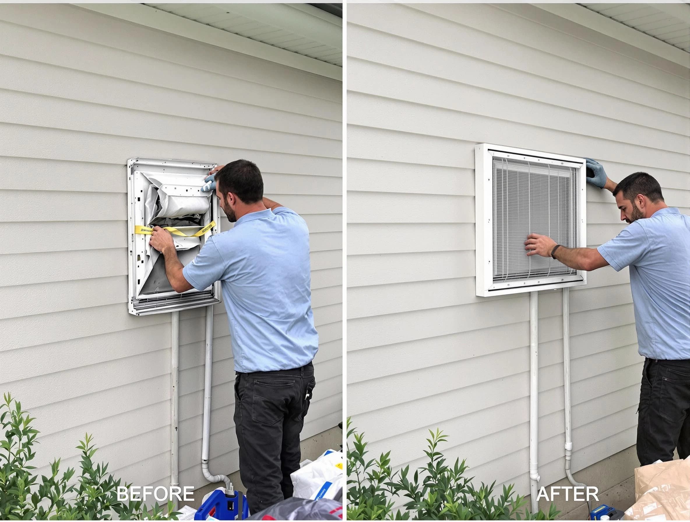 Indio Dryer Vent Cleaning technician installing high-quality dryer vent cover at a residential property in Indio