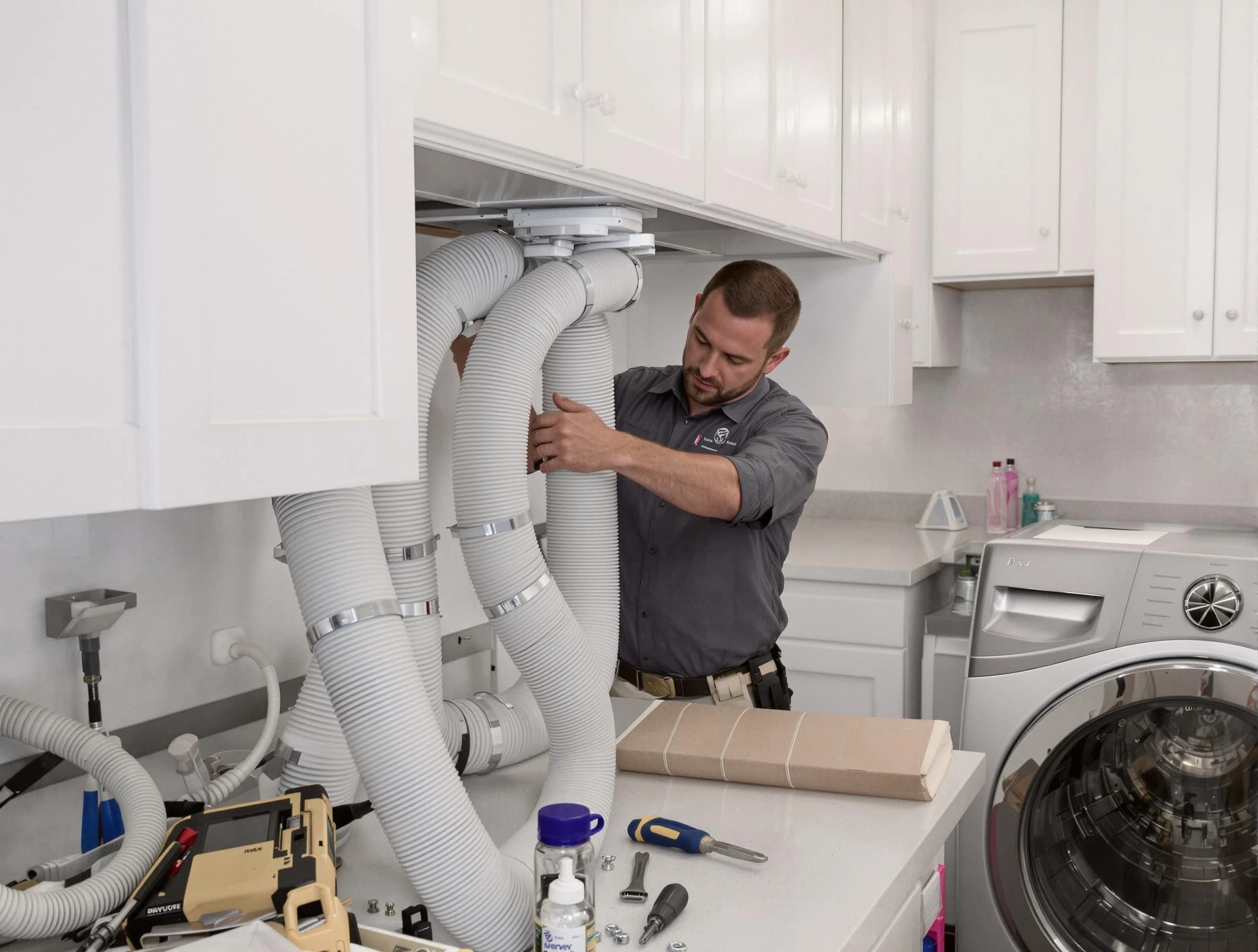 Indio Dryer Vent Cleaning technician installing a new professional-grade dryer vent hose in Indio