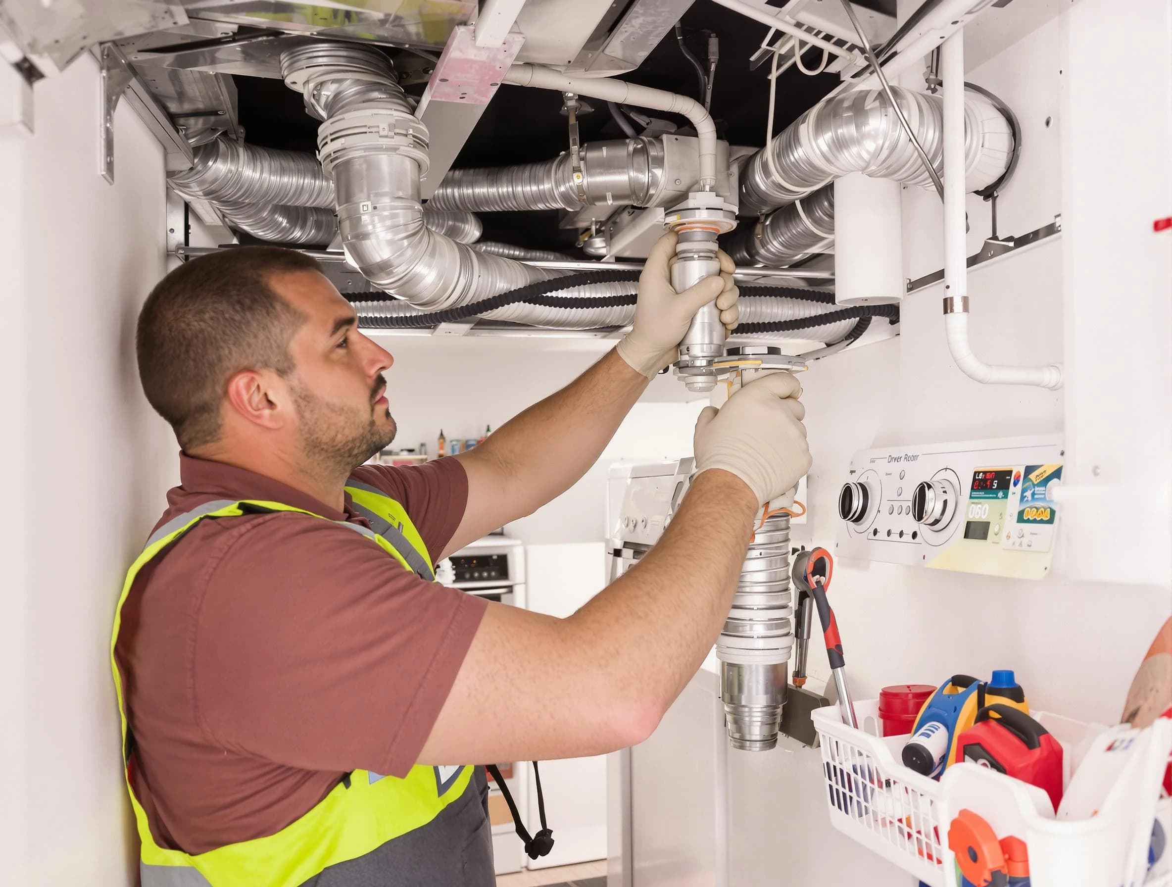 Indio Dryer Vent Cleaning expert performing both repair and installation work on a dryer vent system in Indio